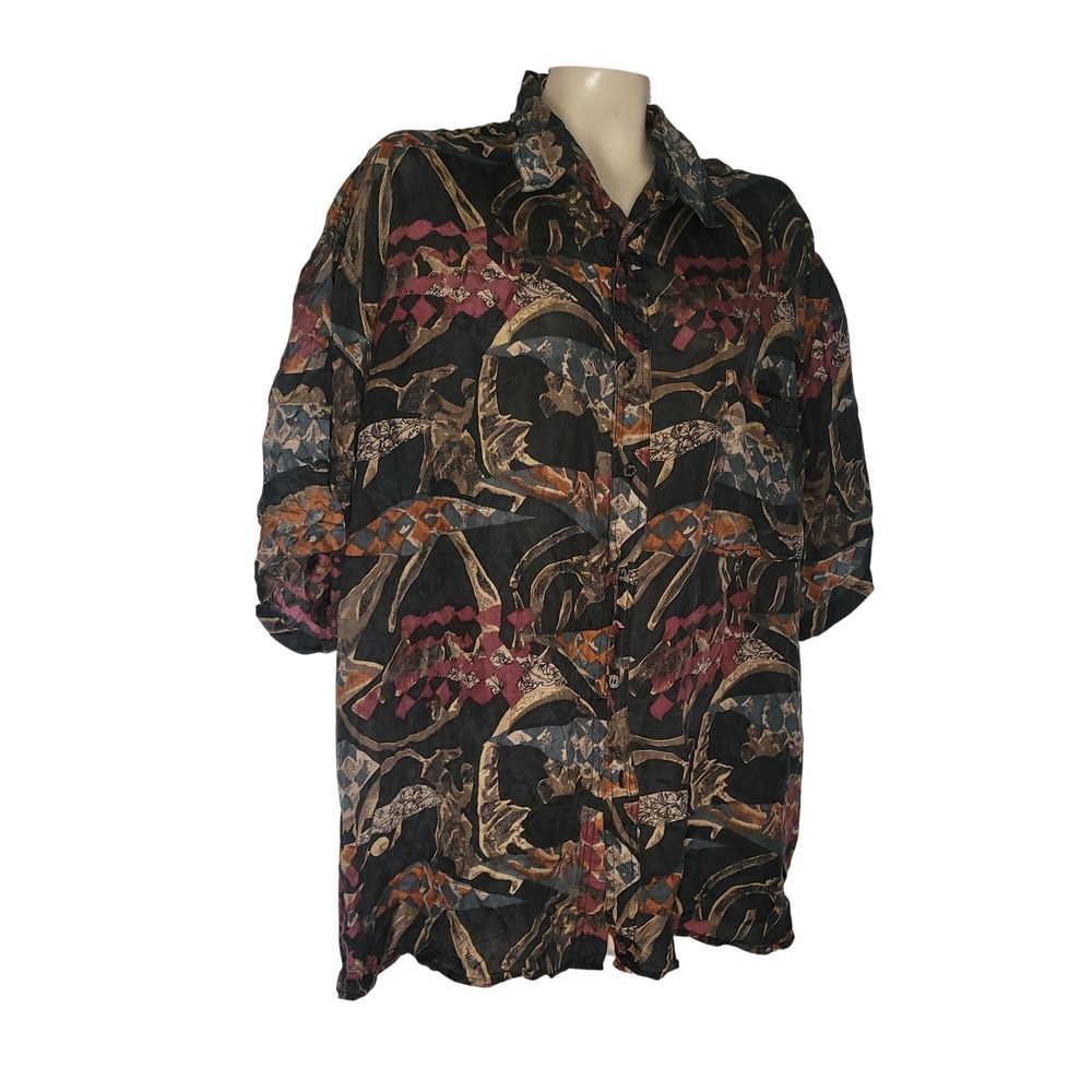 Pure Mens XL 100% Silk Button Down Shirt Abstract Geometric Print Short Sleeve